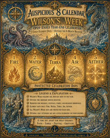 Wilson's Week year-end celebration artwork with Fire, Water, Terra, Air and Aether gold days